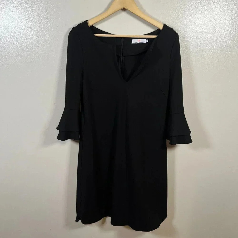 CK Bradley Ponte Marilyn Dress Size Large Black Bell Sleeves Travel Work Office